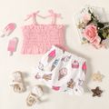 2pcs Baby Girl 100% Cotton Frill Trim Shirred Camisole and Allover Ice Cream Cone Print Shorts Set Pink image 1