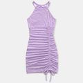 Purple Eyelet Textured Halter Ruched Drawstring Bodycon Dress for Mom and Me Light Purple