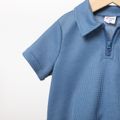 2pcs Toddler Boy Solid Color Lapel Collar Zipper Design Short-sleeve Waffle Tee and Elasticized Shorts Set Blue grey