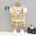 2pcs Toddler Boy Gentleman Suit, Plaid Faux-two Bow tie Design Tee and Shorts Set Yellow