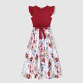 Family Matching Cotton Solid Flutter-sleeve Spliced Floral Print Dresses and Colorblock Short-sleeve Polo Shirts Sets WineRed