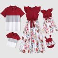 Family Matching Cotton Solid Flutter-sleeve Spliced Floral Print Dresses and Colorblock Short-sleeve Polo Shirts Sets WineRed image 1