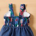 Baby Girl Floral Print and Solid Splicing Bow Front Cut Out Layered Bell Bottom Overalls Deep Blue image 4