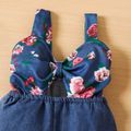 Baby Girl Floral Print and Solid Splicing Bow Front Cut Out Layered Bell Bottom Overalls Deep Blue image 2