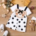 2pcs Baby Girl Solid Short-sleeve T-shirt and Cartoon Bear Design Polka Dots Overalls Shorts Set BlackandWhite
