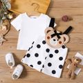 2pcs Baby Girl Solid Short-sleeve T-shirt and Cartoon Bear Design Polka Dots Overalls Shorts Set BlackandWhite