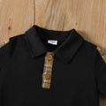2pcs Toddler Boy Plaid Colorblock Short-sleeve Polo Shirt and Elasticized Shorts Set Black