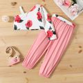 2pcs Toddler Floral Print One Shoulder Long-sleeve Tee and Belted Pink Pants Set Pink