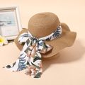 Floral Pattern Bow Decor Ruffled Straw Hat for Mom and Me Khaki