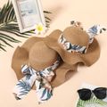Floral Pattern Bow Decor Ruffled Straw Hat for Mom and Me Khaki