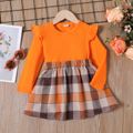 2pcs Toddler Girl Ruffled Long-sleeve Orange Tee and Plaid Skirt Set Orange