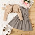 2pcs Toddler Girl Plaid Sleeveless Dress and Ruffled Long-sleeve Cardigan Set Apricot