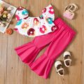 2pcs Toddler Girl Off Shoulder Donut Print Short-sleeve Tee and Pink Flared Pants Set PINK