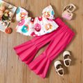 2pcs Toddler Girl Off Shoulder Donut Print Short-sleeve Tee and Pink Flared Pants Set PINK