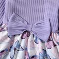 Toddler Girl Ribbed Bowknot Design Butterfly Print Splice Long-sleeve Dress Purple