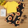 2pcs Kid Girl Letter Print Short-sleeve Yellow Tee and Floral Sunflower Print Flared Pants Set Yellow