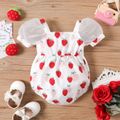 Baby Girl Bow Front Allover Strawberry Print Mesh Puff-sleeve Romper ColorBlock