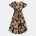 Allover Tropical Plant Print Surplice Neck Ruffle-sleeve Dress for Mom and Me Tibetanblue