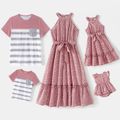 Family Matching Allover Dots Pink Halter Sleeveless Dresses and Striped Spliced Short-sleeve T-shirts Sets Pink