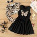 2pcs Kid Girl Butterfly Print Sleeveless Black Dress and Leopard Print Long-sleeve Cardigan Set BrownishBlack