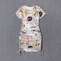 Family Matching Allover Print Drawstring Ruched Bodycon Dresses and Short-sleeve Tops Sets White image 2