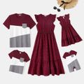 Family Matching Solid Swiss Dot Frill Trim Flutter-sleeve Dresses and Colorblock Short-sleeve T-shirts Sets Burgundy image 1