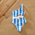 Family Matching Blue Striped One Shoulder Cut Out One-Piece Swimsuit and Swim Trunks Shorts BLUEWHITE