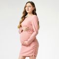 Maternity Solid Round Neck Long-sleeve Dress Pink