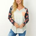 Maternity Floral Striped Panel Patch Pocket Long-sleeve T-shirt Beige
