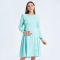 Ruffle Button Decor Solid Long-sleeve Maternity Dress Bluish Grey