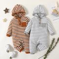 Baby Boy Button Front Striped Rib Knit Long-sleeve Hooded Jumpsuit Brown