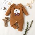 Baby Boy/Girl Bow Front Cartoon Bear 3D Ears Decor Brown Quilted Long-sleeve Jumpsuit Brown image 1