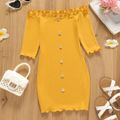 Kid Girl Off Shoulder Ruffled Ribbed Button Design 3/4 Sleeve Bodycon Dress Ginger-2