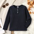 Kid Boy Solid Color Button Design Ribbed Long-sleeve Tee Deep Blue image 1