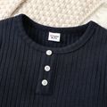 Kid Boy Solid Color Button Design Ribbed Long-sleeve Tee Deep Blue