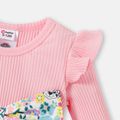 PAW Patrol Little Girl Pink Ribbed Ruffle Long-sleeve Splicing Allover Cartoon Dog & Floral Print Bow Front Dress Pink