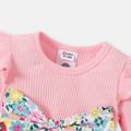 PAW Patrol Little Girl Pink Ribbed Ruffle Long-sleeve Splicing Allover Cartoon Dog & Floral Print Bow Front Dress Pink
