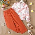 2pcs Kid Girl Floral Print Ruffle Collar Long-sleeve Blouse amd Button Design Orange Wide Leg Pants Set Cameo brown