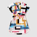 Family Matching Allover Geo Print Notch Neck Short-sleeve Belted Dresses and Tops Sets Colorful