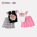 L.O.L. SURPRISE! 2pcs Kid Girl Graphic Print Tie Knot Flutter-sleeve Cotton Tee and Allover Print Skirt Set BlackandWhite