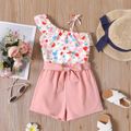 2pcs Toddler Girl Floral Print Flounce One Shoulder Bowknot Design Sleeveless Blouse and Belted Pink Shorts Set Pink