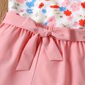2pcs Toddler Girl Floral Print Flounce One Shoulder Bowknot Design Sleeveless Blouse and Belted Pink Shorts Set Pink