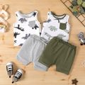 2pcs Baby Boy Allover Dinosaur Print Sleeveless Tank Top and Solid Shorts Set DarkGreen