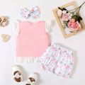 Summer Picnic Toddler Girl 3pcs Letter and Floral Embroidery Ruffle Decor Flutter-sleeve Pink Top and White Shorts with Headband Set Pink image 2