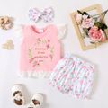 Summer Picnic Toddler Girl 3pcs Letter and Floral Embroidery Ruffle Decor Flutter-sleeve Pink Top and White Shorts with Headband Set Pink image 1