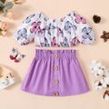 2pcs Baby Girl 100% Cotton Skirt and Allover Butterfly Print Half-sleeve Crop Top Set Purple image 1