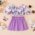 2pcs Baby Girl 100% Cotton Skirt and Allover Butterfly Print Half-sleeve Crop Top Set Purple image 2