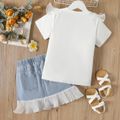 2pcs Kid Girl Unicorn Sequin Embroidered Mesh Design Short-sleeve White Tee and Denim Skirt Set Light Blue