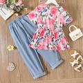 2pcs Kid Girl Floral Print Short-sleeve Peplum Tee and Patchwork Ripped Denim Jeans Set Pink