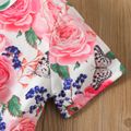 2pcs Kid Girl Floral Print Short-sleeve Peplum Tee and Patchwork Ripped Denim Jeans Set Pink